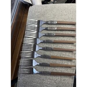 8pc Vintage Ekco Eterna Forged Stainless Forks MCM Faux Wood Handle Korea